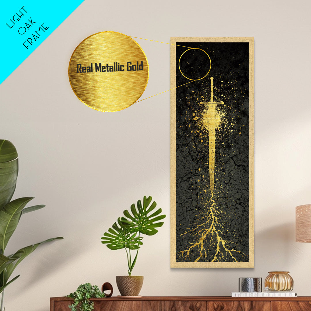 Metallic Gold Art of Runic Viking Sword – Nordic Mythology Metal Art, Norse Decor with real wood frame, perfect Dad Gift