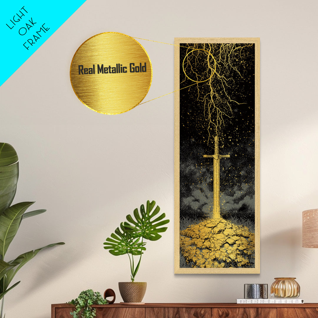 Storm-Forged Viking Sword Metallic Gold Art – Striking Nordic Mythology Metal Art with lightning, real wood frame included