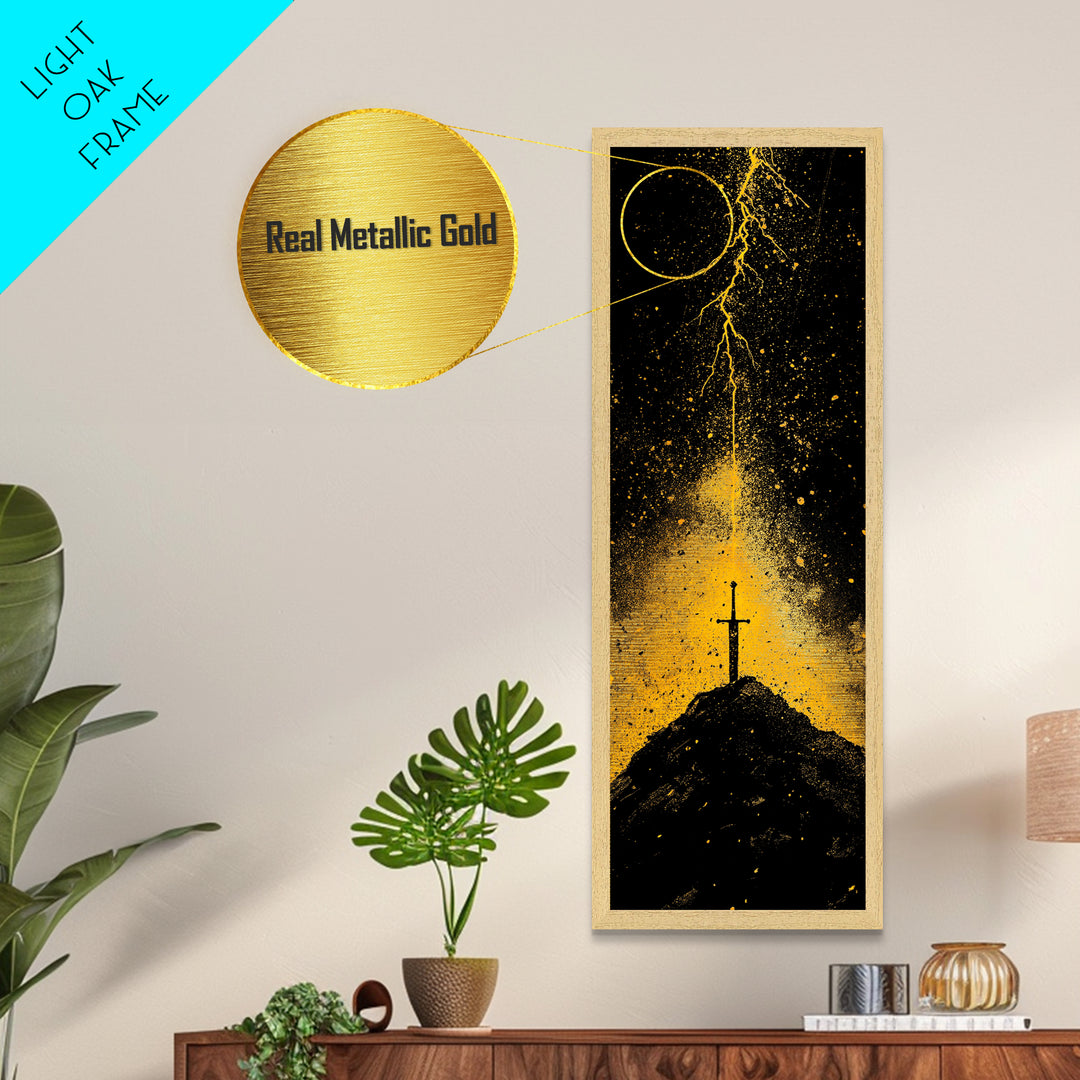 Metal Art Norse Sword of Power – Metallic Gold Art inspired by Viking legends, wall décor framed in authentic real wood