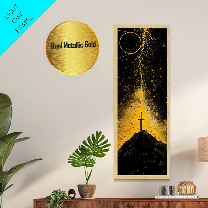 Metal Art Norse Sword of Power – Metallic Gold Art inspired by Viking legends, wall décor framed in authentic real wood