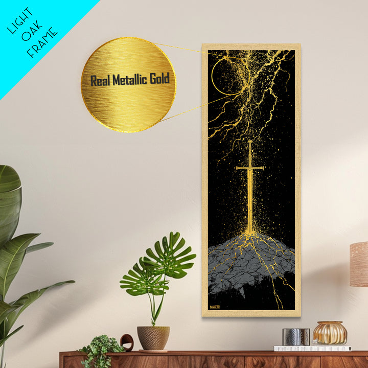 Viking Sword Under Thunder Metallic Gold Art – Nordic Mythology Metal Art, bold wall décor for office, with real wood frame