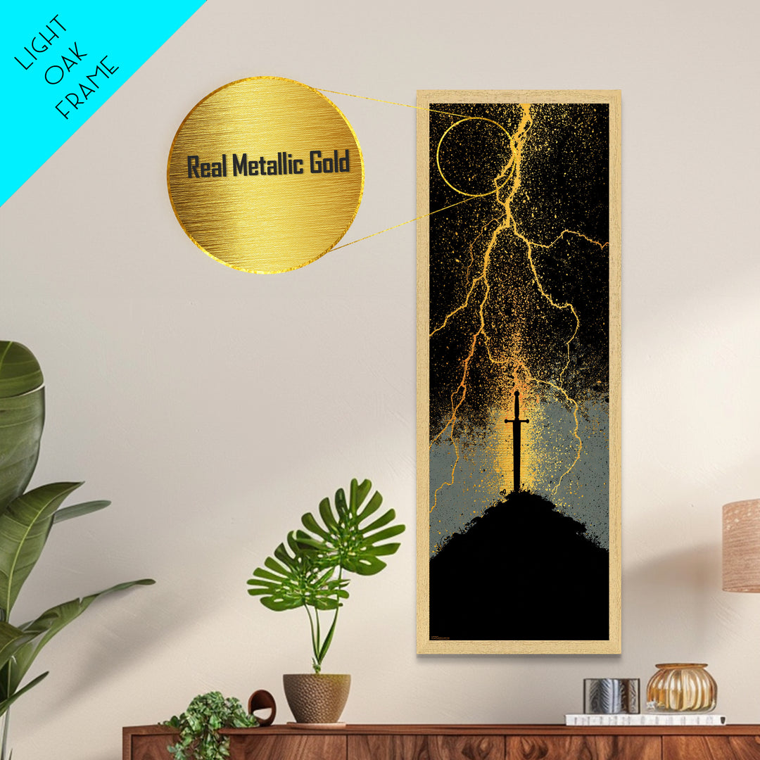 Mythic Norse Sword Metallic Gold Art – Viking-inspired Metal Art, perfect Man Cave Art or Office Gift, framed in natural wood