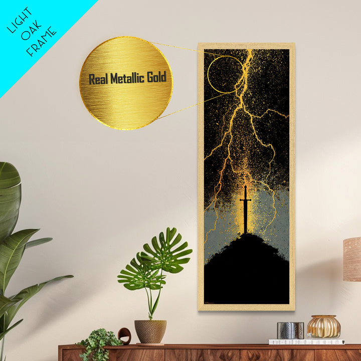 Mythic Norse Sword Metallic Gold Art – Viking-inspired Metal Art, perfect Man Cave Art or Office Gift, framed in natural wood
