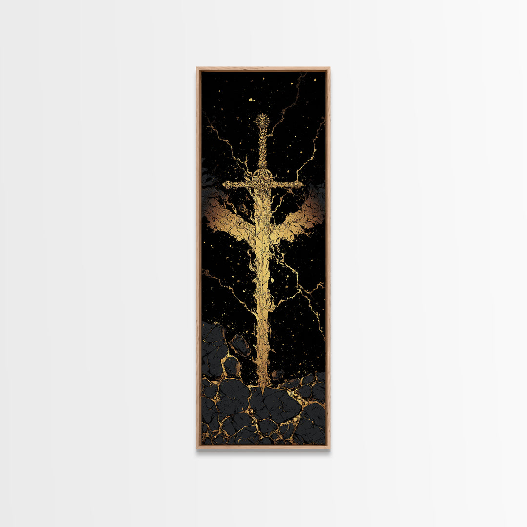 Golden Sword Canvas Gold Art, Norse Mythology Viking Canvas Art Depicting Mythic Blade, Office Art or Man Cave Decor in Real Wood Framing