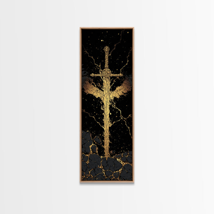 Golden Sword Canvas Gold Art, Norse Mythology Viking Canvas Art Depicting Mythic Blade, Office Art or Man Cave Decor in Real Wood Framing