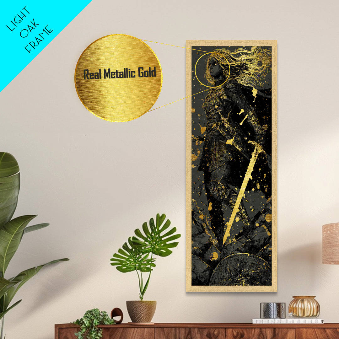 Nordic Shieldmaiden Hervor Metallic Gold Art – Epic Viking Metal Art, Man Cave wall décor in real wood frame, Dad Gift