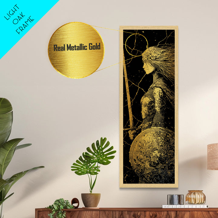 Hervor the Shieldmaiden Metallic Gold Art – Powerful Norse Warrior Metal Art for Man Cave or Office, framed with real wood