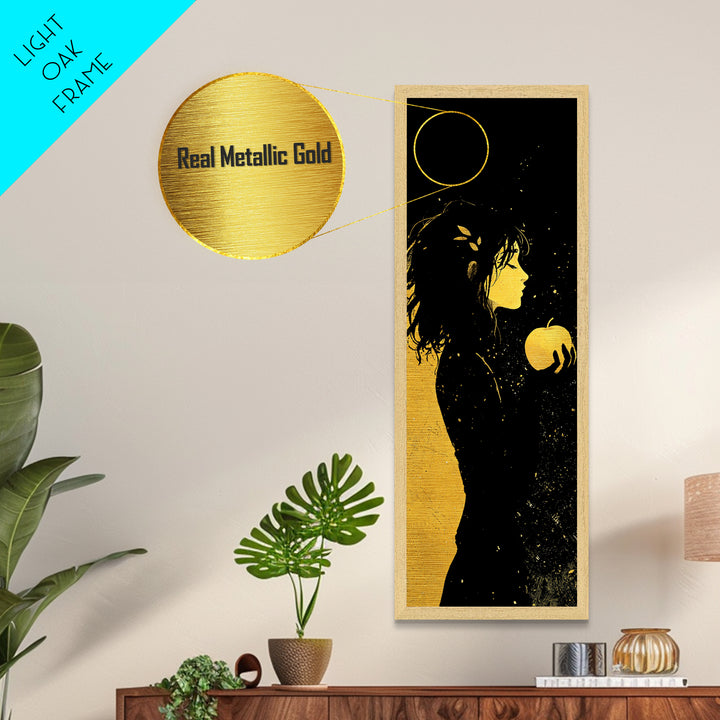 Idunn with Golden Apple Metallic Gold Art – Norse Goddess Metal Art, Viking Mythology wall décor framed in natural wood