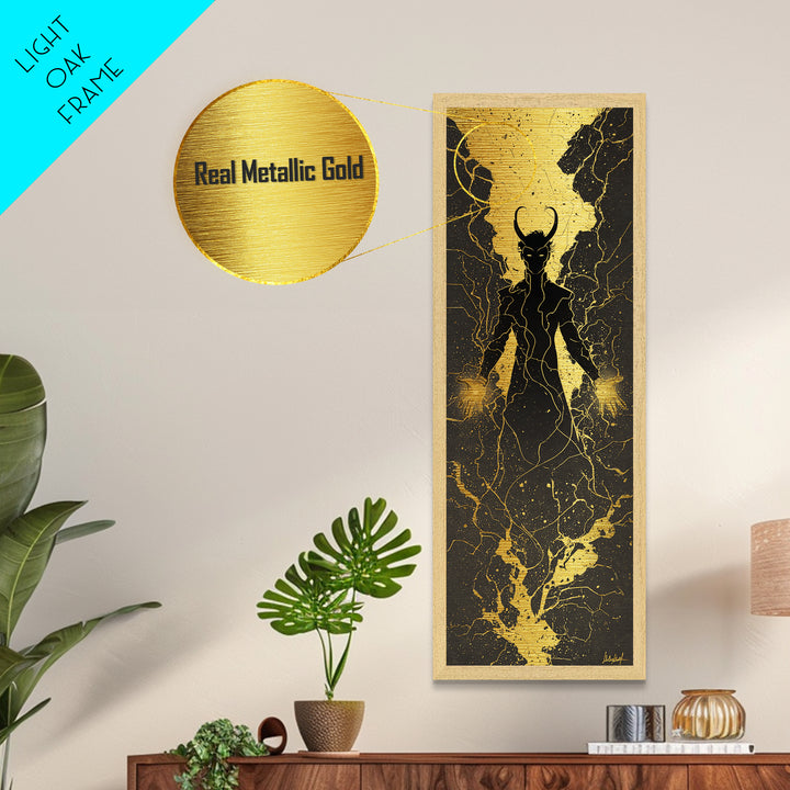 Loki Trickster God Metallic Gold Art – Dark Norse Mythology Metal Art, Viking wall décor for men, framed in solid real wood
