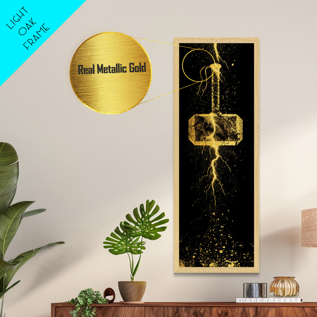 Thor’s Hammer Mjolnir Metallic Gold Art, Viking Metal Art Norse Mythology Wall Decor, Office or Man Cave Artwork in Real Wood Frame
