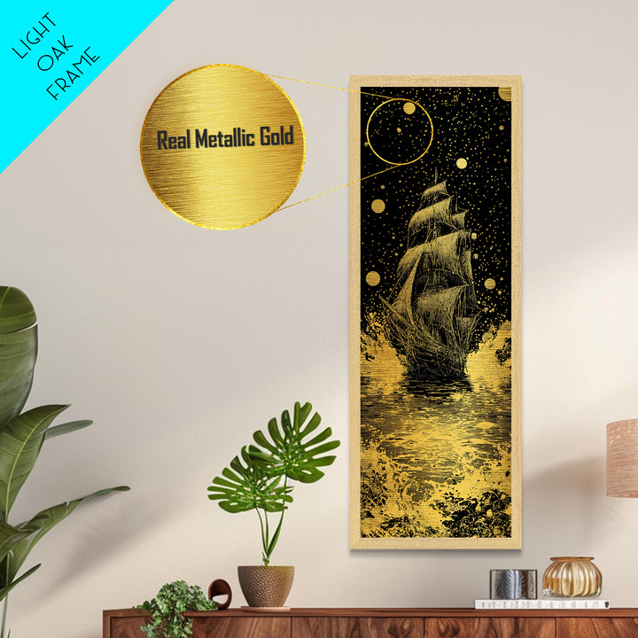 Naglfar Ship Norse Mythology Wall Decor, Metallic Gold Art Viking Metal Art, Unique Dad Gift Office or Study Framed in Natural Wood