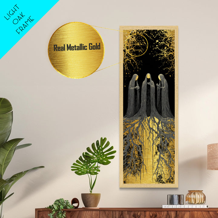 The Norns Metallic Gold Art, Viking Metal Art of Norse Fates, Nordic Mythology Wall Hanging, Spiritual Office Art with Real Wood Frame