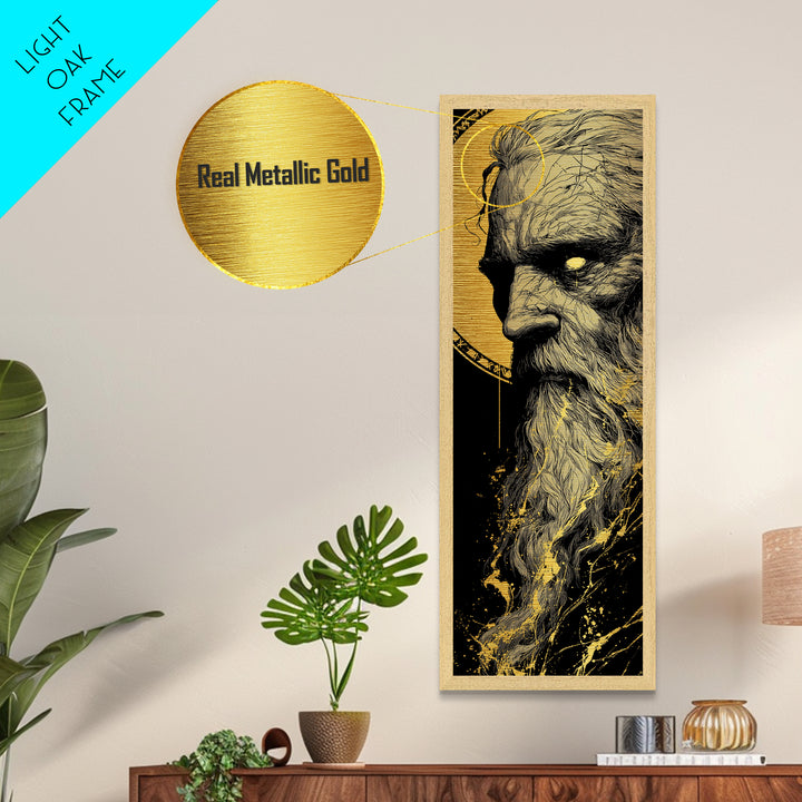 Odin Metallic Gold Art, Viking Metal Art Norse Allfather Portrait, Nordic Mythology Wall Decor for Man Cave or Office in Wood Frame