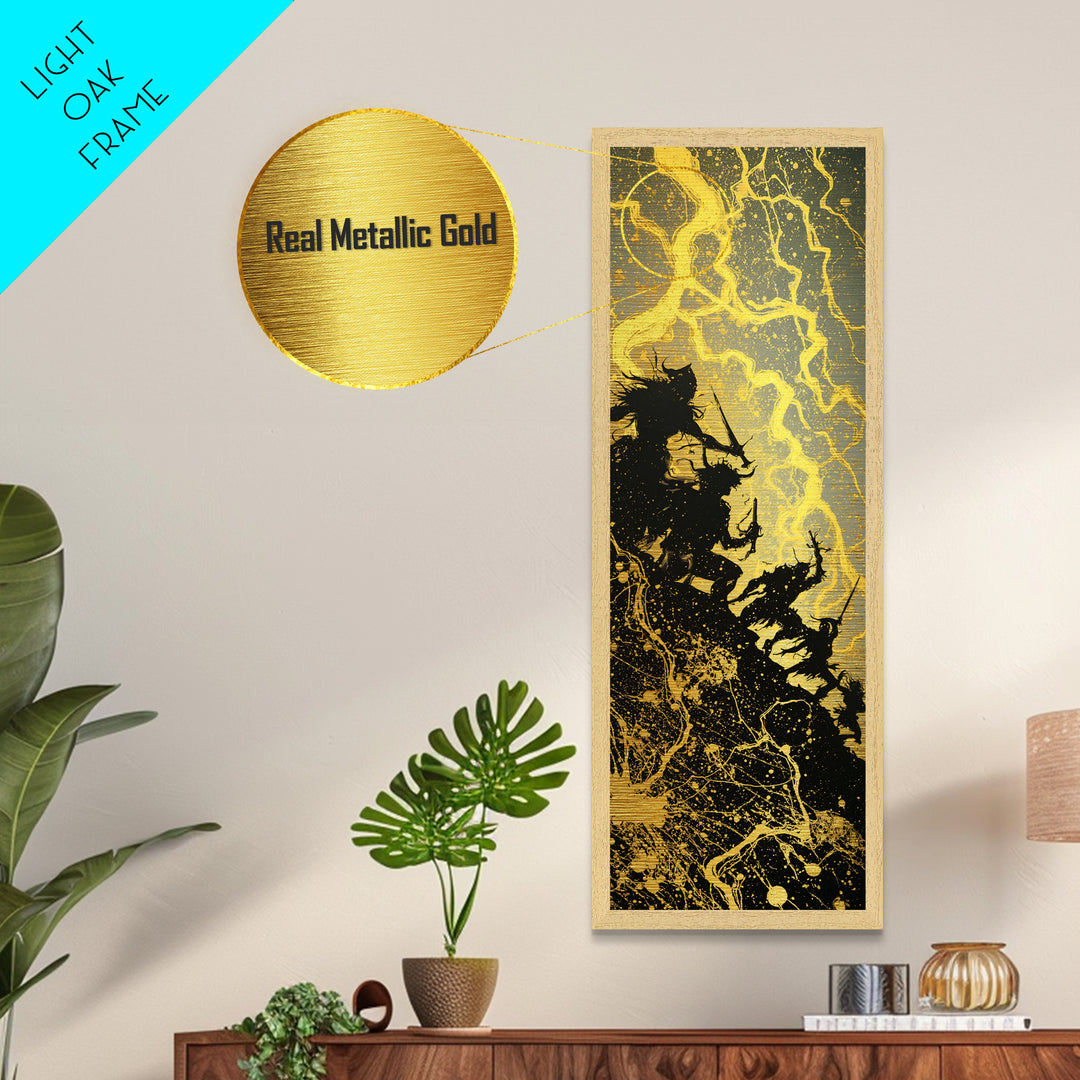 Ragnarok Metallic Gold Art, Viking Metal Art Epic Norse Mythology Battle Scene, Nordic Warrior Office Wall Decor Framed in Natural Wood