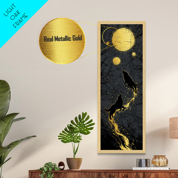 Sköll and Hati Wolves Metallic Gold Art, Viking Metal Art Norse Mythology Wall Decor, Nordic Moon Wolves Office or Man Cave in Wood Frame