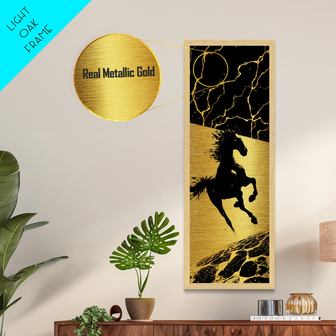 Sleipnir Odin’s Horse Metallic Gold Art, Viking Metal Art Norse Mythology Decor, Nordic Warrior Office Wall Art Framed in Real Wood