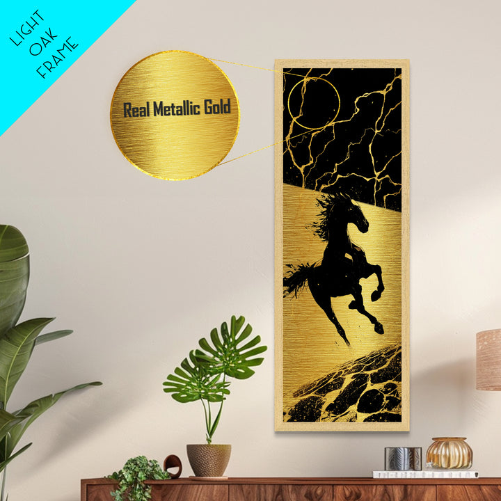 Sleipnir Odin’s Horse Metallic Gold Art, Viking Metal Art Norse Mythology Decor, Nordic Warrior Office Wall Art Framed in Real Wood