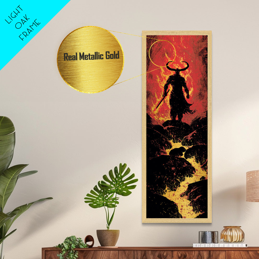 Surtur Norse Fire Giant Metallic Gold Art, Viking Metal Art Nordic Mythology Warrior Decor, Office or Dad Gift Framed in Natural Wood
