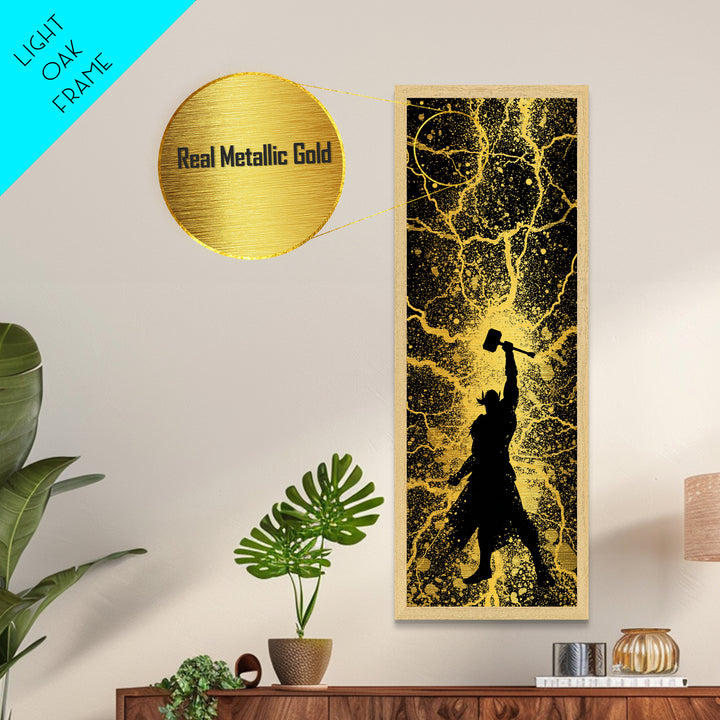 Thor Metallic Gold Art, Viking Metal Art Norse God of Thunder Wall Decor, Nordic Mythology Office or Man Cave Art in Real Wood Frame