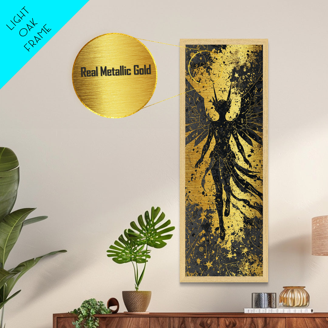Metallic Gold Art Valkyrie Warrior Goddess, Norse Mythology Metal Art in real wood frame, Nordic office wall decor or dad gift