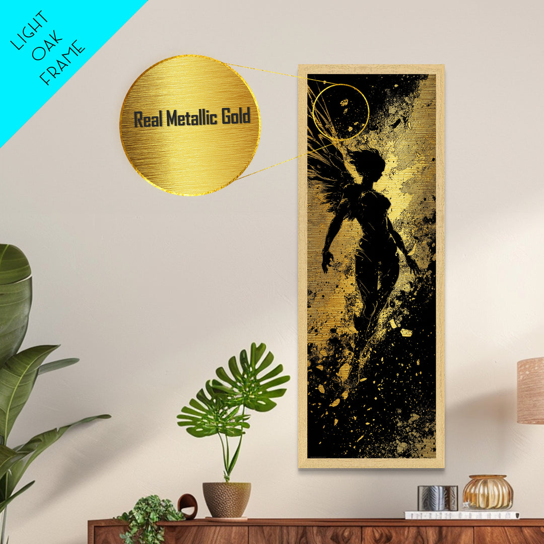 Valkyrie Metallic Gold Art Nordic Mythology Wall Decor, Metal Art for Man Cave or Office, framed in natural wood for bold style