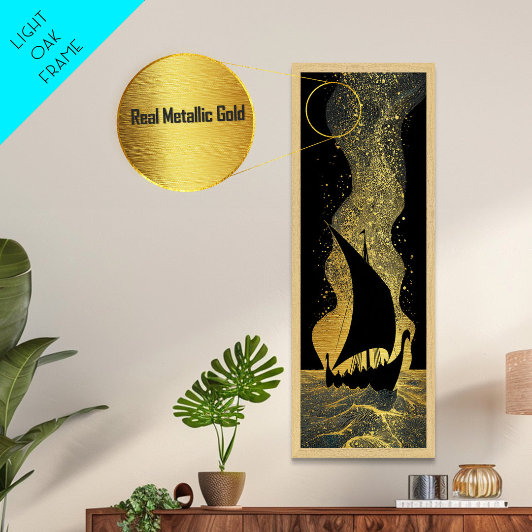 Nordic Viking Ship Metallic Gold Art, Mythology Inspired Metal Art for Office or Man Cave, framed in authentic wood craftsmanship