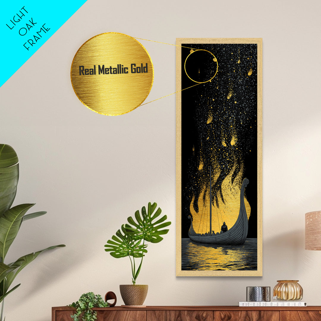 Viking Funeral Ship Metallic Gold Art, Norse Mythology Metal Art framed with real wood, Nordic man cave wall art gift idea