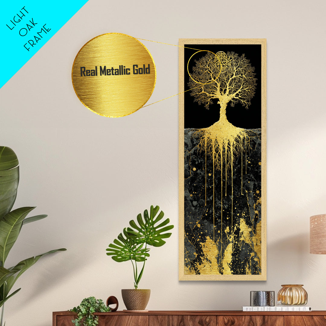 Metal Art Yggdrasil Nordic Tree of Life, Metallic Gold Art framed with real wood, Norse Mythology inspired office or dad gift wall art