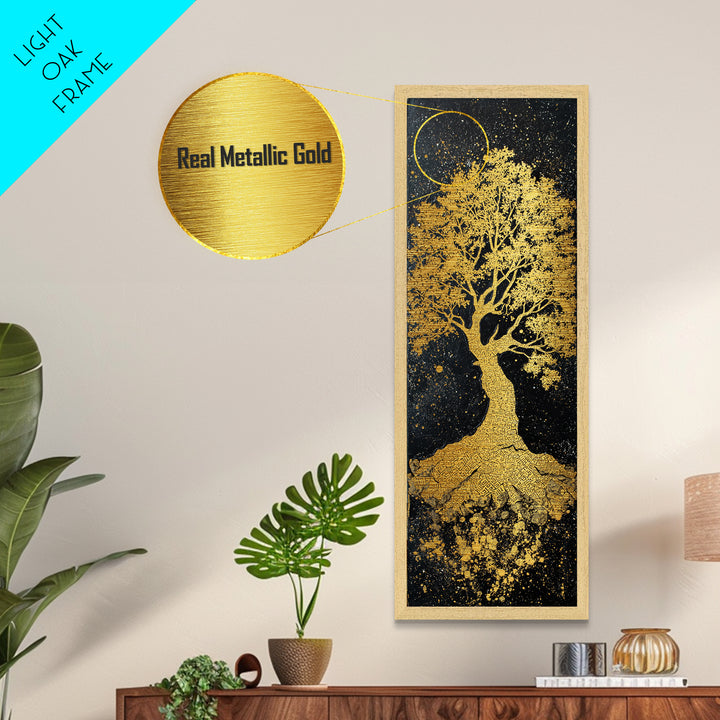 Yggdrasil Metallic Gold Art Norse World Tree, Nordic Mythology Metal Art framed in natural wood, perfect Viking man cave wall decor
