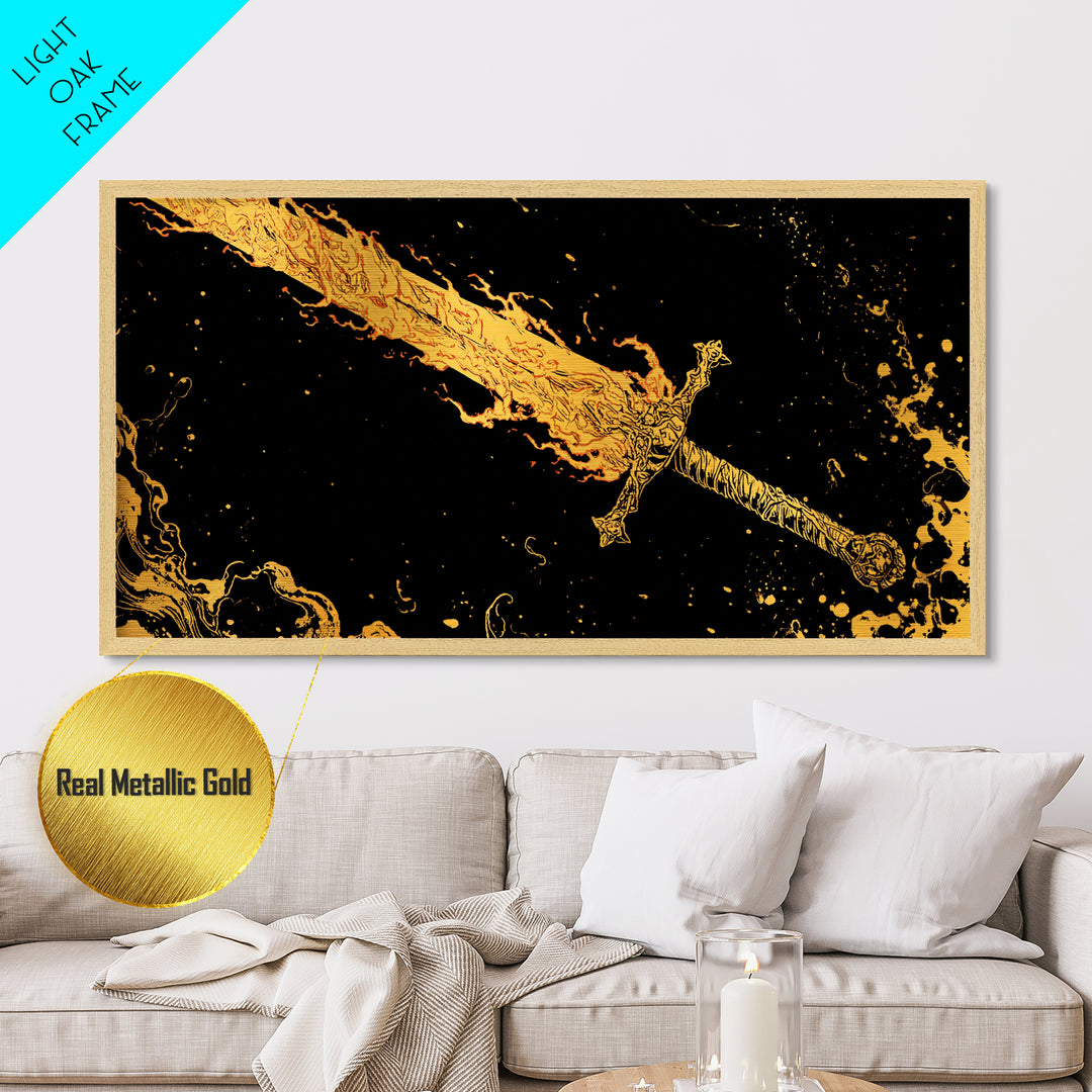 Surtur’s Flaming Sword Metallic Gold Art Metal Art Viking Wall Decor, Norse Mythology Office Gift with Real Wood Frame