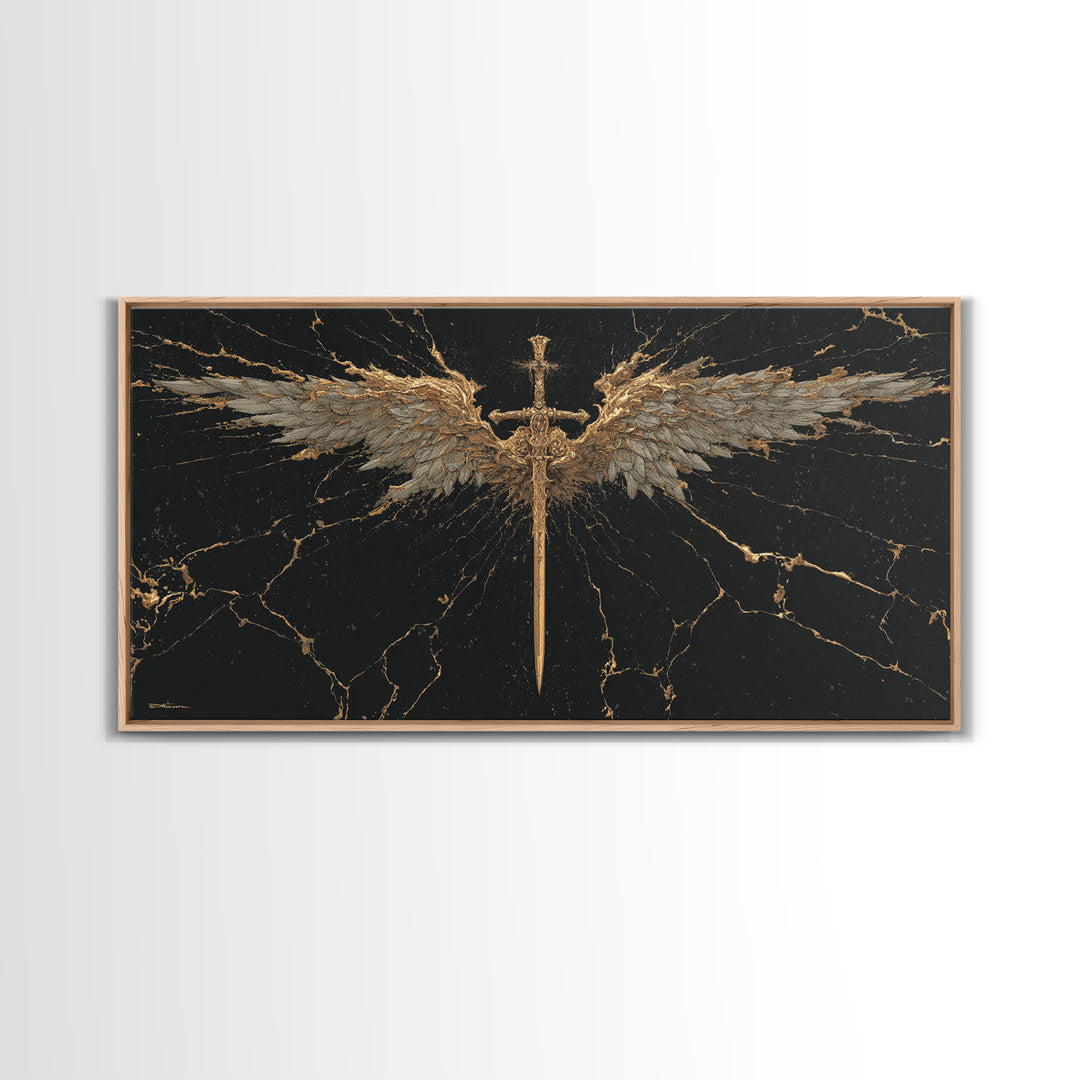 Winged Sword Canvas Gold Art Canvas Art Norse Mythology Wall Art Framed in Real Wood, Viking Office Decor or Dad Gift