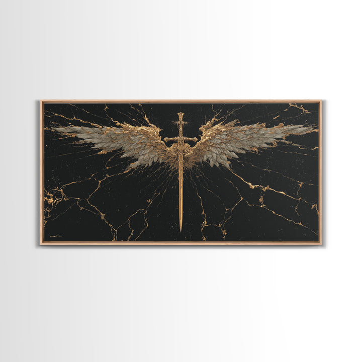 Winged Sword Canvas Gold Art Canvas Art Norse Mythology Wall Art Framed in Real Wood, Viking Office Decor or Dad Gift