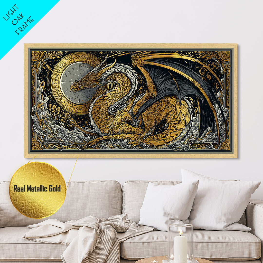 Nidhogg Dragon Metallic Gold Art Metal Art Norse Mythology Wall Decor with Real Wood Frame, Viking Man Cave or Office Gift