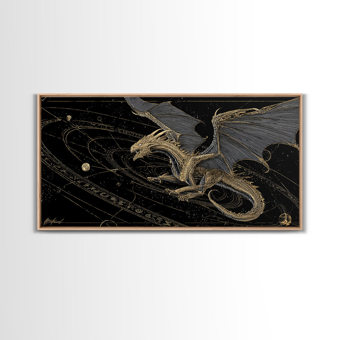 Cosmic Norse Dragon Canvas Gold Art Canvas Art Wall Decor, Nordic Mythology Gift for Office or Man Cave, Natural Wood Frame