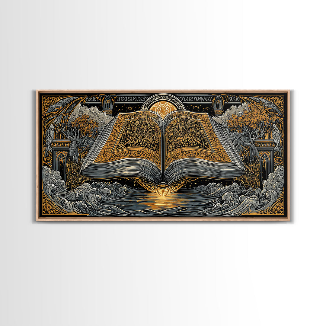 Poetic Edda Book Canvas Gold Art Canvas Art Norse Mythology Wall Decor with Real Wood Frame, Viking Office or Dad Gift Artwork