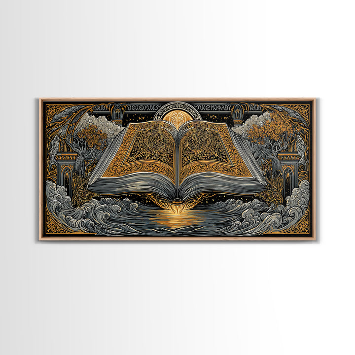 Poetic Edda Book Canvas Gold Art Canvas Art Norse Mythology Wall Decor with Real Wood Frame, Viking Office or Dad Gift Artwork