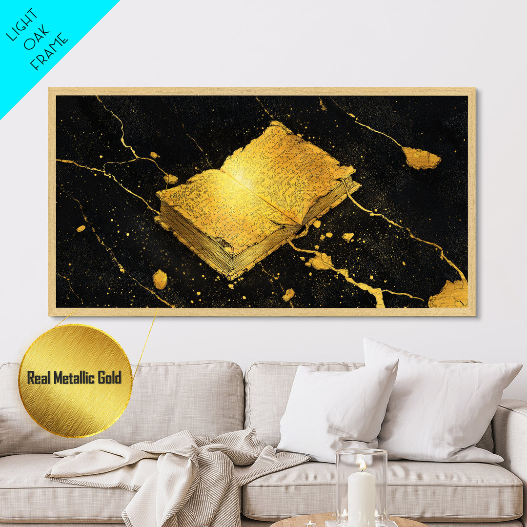 Ancient Nordic Runes Book Metallic Gold Art Metal Art with Cosmic Background, Viking Mythology Wall Decor, Real Wood Frame