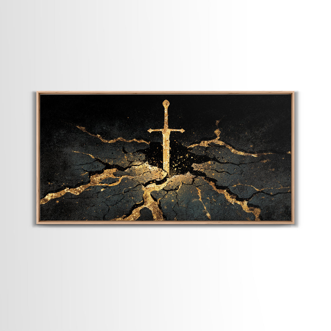 Sword of Ragnarok Canvas Gold Art, Nordic Mythology Canvas Art Wall Decor, Viking Office Art framed in natural wood for men’s spaces