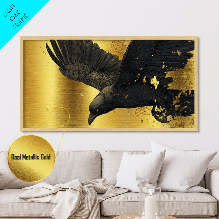 Odin’s Raven Huginn Metallic Gold Art Metal Art Norse Mythology Wall Decor with Natural Wood Frame, Man Cave or Office Gift