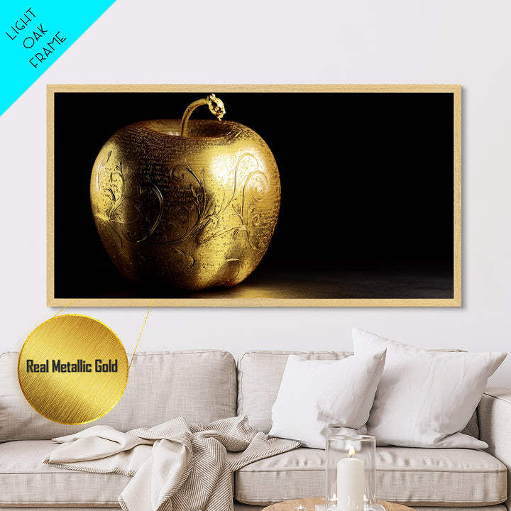 Golden Apple of Idunn Metallic Gold Art, Norse Mythology Metal Art, Viking Wall Decor with real wood frame, unique man cave gift