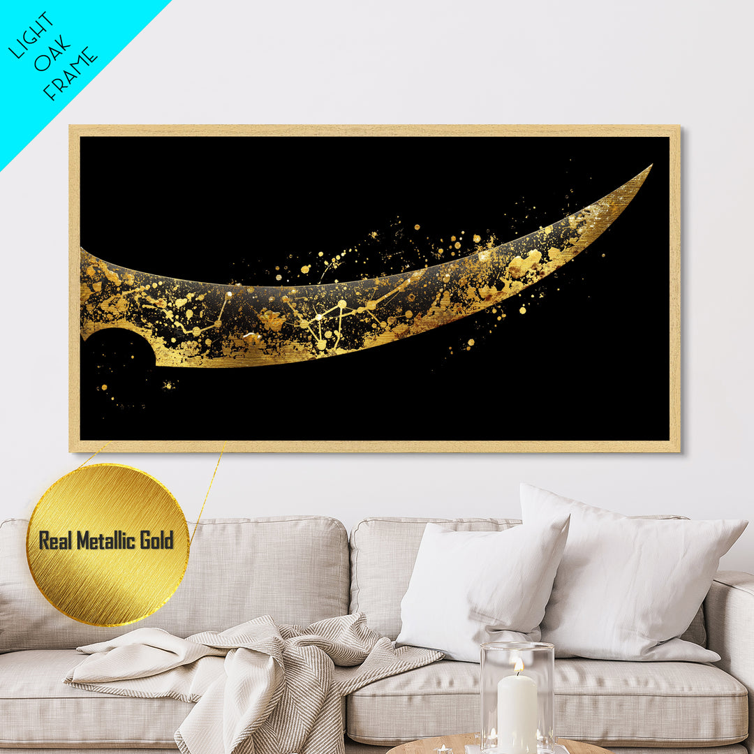 Curved Viking Blade Metallic Gold Art, Nordic Mythology Metal Art Sword Print, Man Cave Wall Decor with real wood frame, warrior gift
