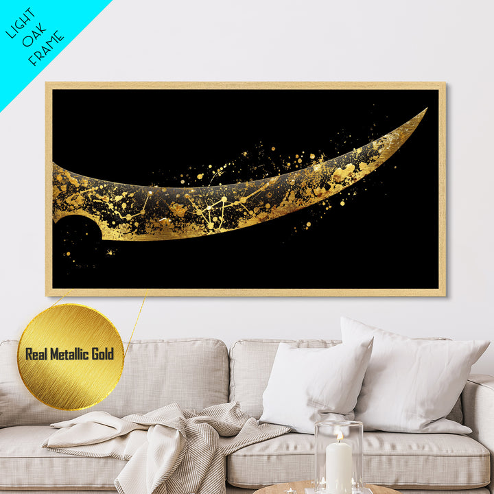 Curved Viking Blade Metallic Gold Art, Nordic Mythology Metal Art Sword Print, Man Cave Wall Decor with real wood frame, warrior gift