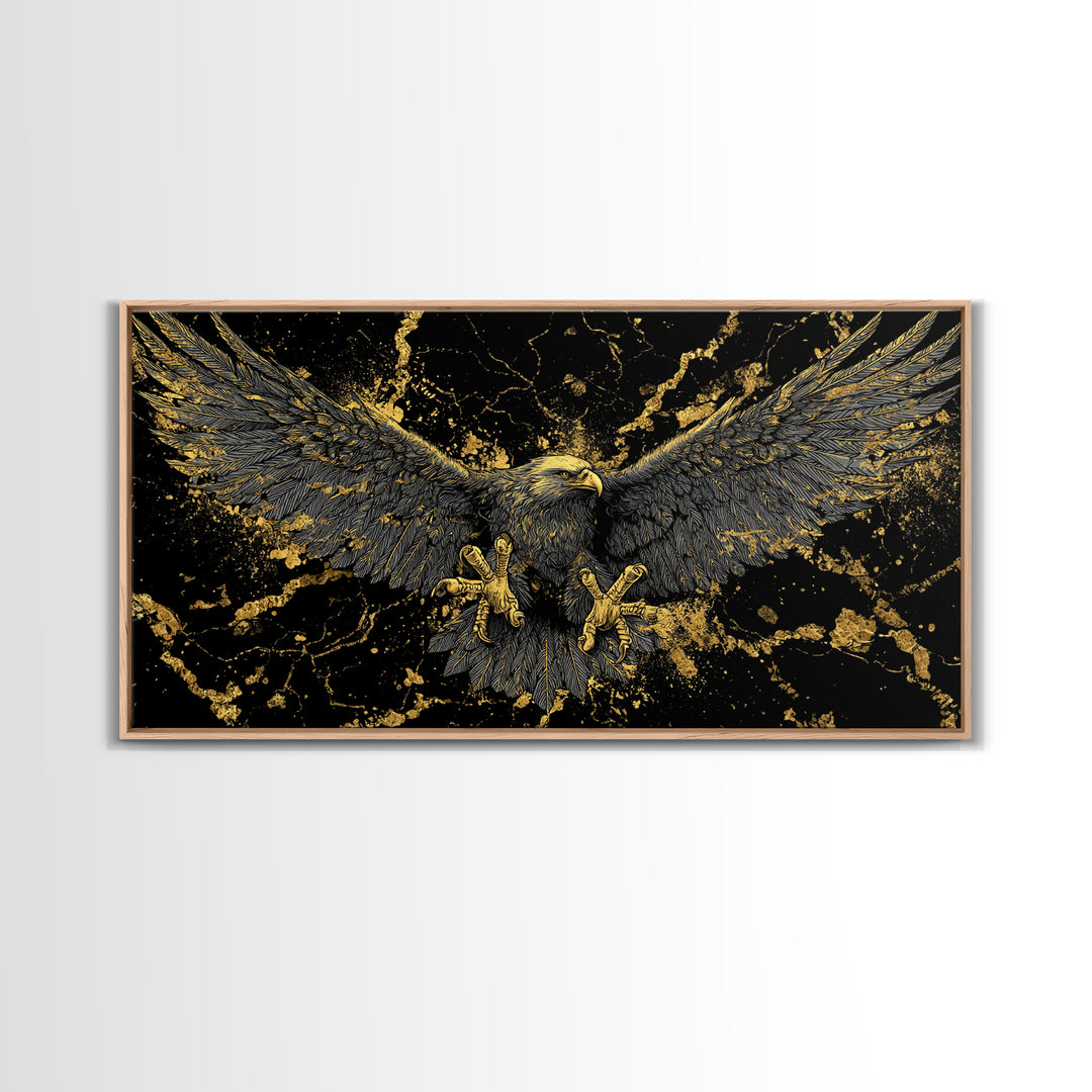 Odin’s Golden Eagle Canvas Gold Art, Norse Mythology Canvas Art Wall Decor, Viking Office Art framed in wood, bold masculine design