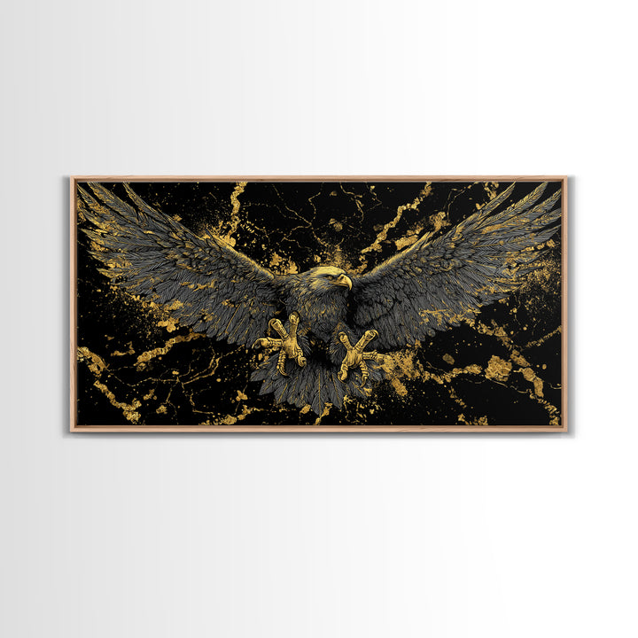 Odin’s Golden Eagle Canvas Gold Art, Norse Mythology Canvas Art Wall Decor, Viking Office Art framed in wood, bold masculine design
