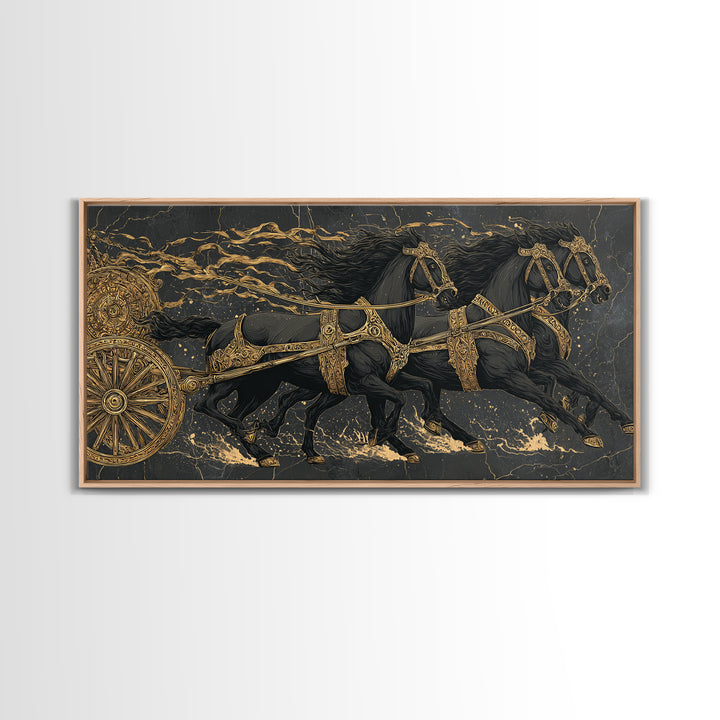 Viking War Chariot Canvas Gold Art, Nordic Mythology Canvas Art Print, Norse Decor for Office or Man Cave, framed with natural wood