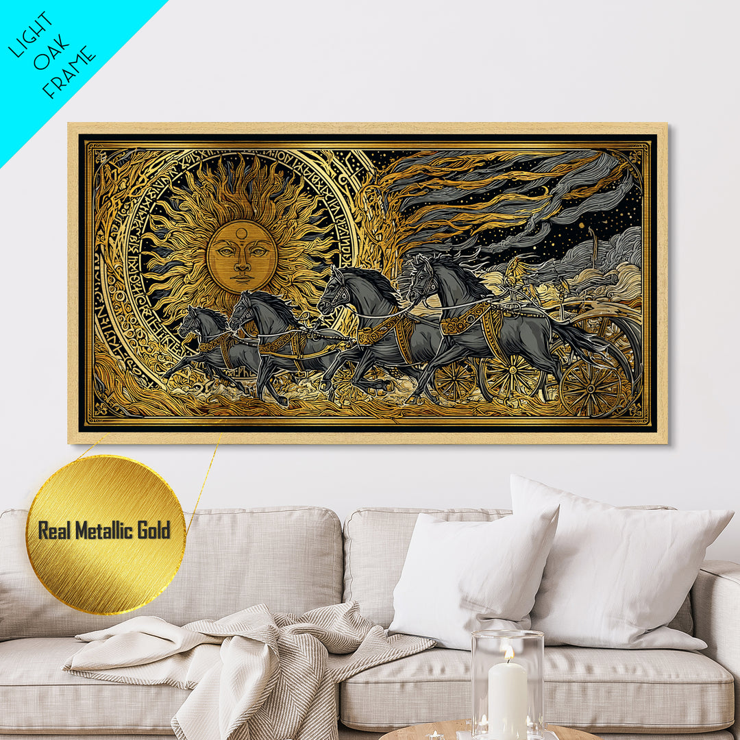 Sun Chariot of Sol Metallic Gold Art, Norse Mythology Metal Art Wall Hanging, Viking Decor for Dad Gift, framed in authentic wood