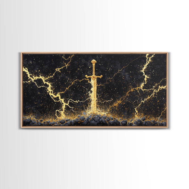 Excalibur Sword Canvas Gold Art, Norse Inspired Canvas Art Wall Decor, Mythology Office Art with wood frame, gift for men’s man cave