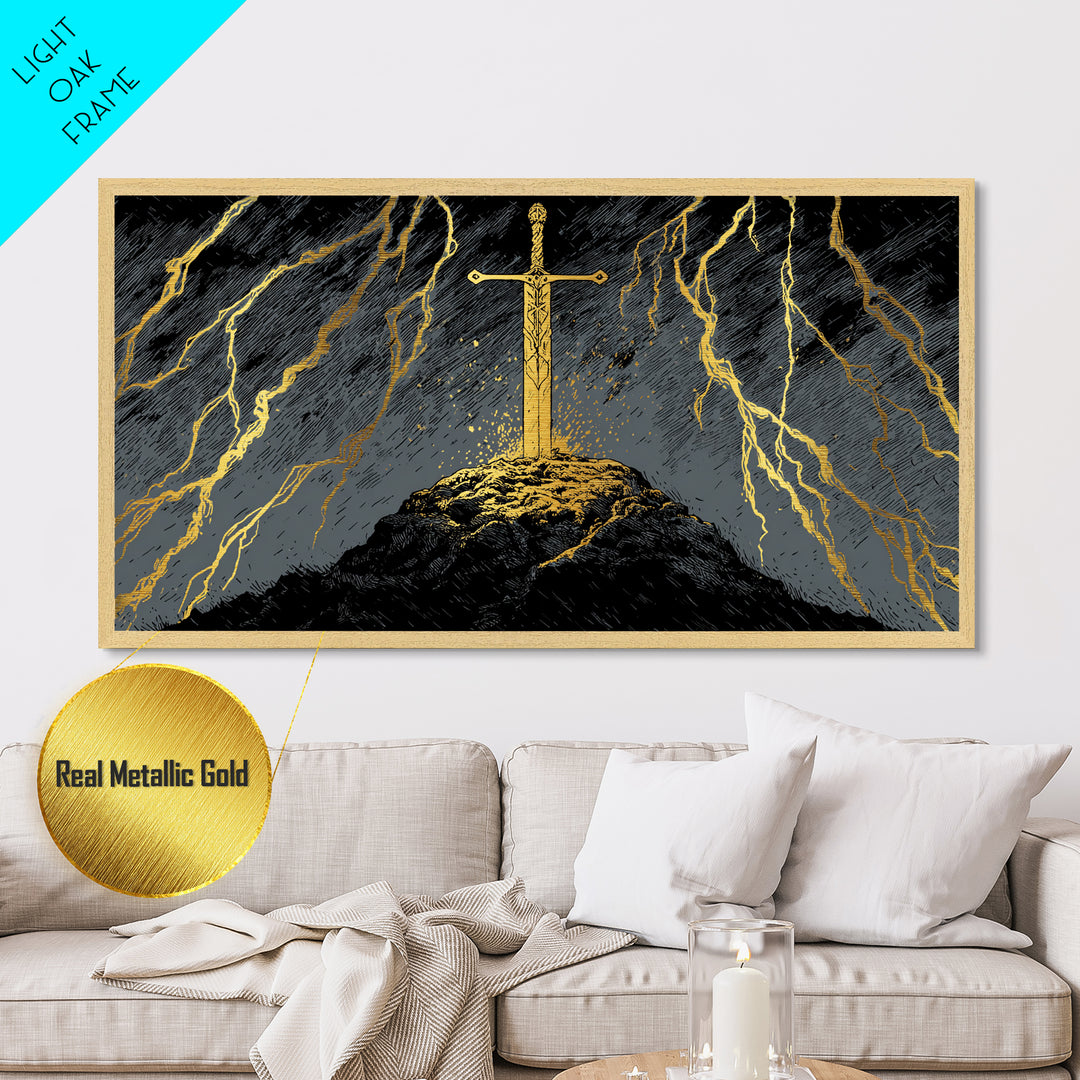 Storm Sword Metallic Gold Art, Nordic Mythology Metal Art Print, Viking Office Wall Art framed in real wood, masculine gift idea