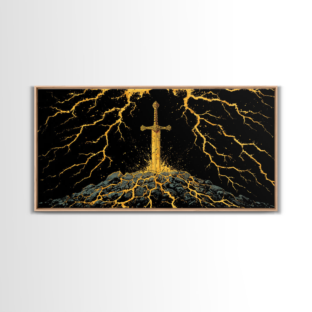 Lightning Sword Canvas Gold Art, Norse Mythology Canvas Art Wall Decor, Viking Warrior Office Art with natural wood frame, dad gift