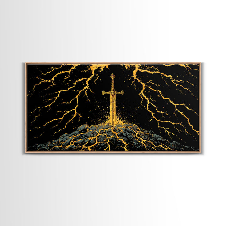 Lightning Sword Canvas Gold Art, Norse Mythology Canvas Art Wall Decor, Viking Warrior Office Art with natural wood frame, dad gift